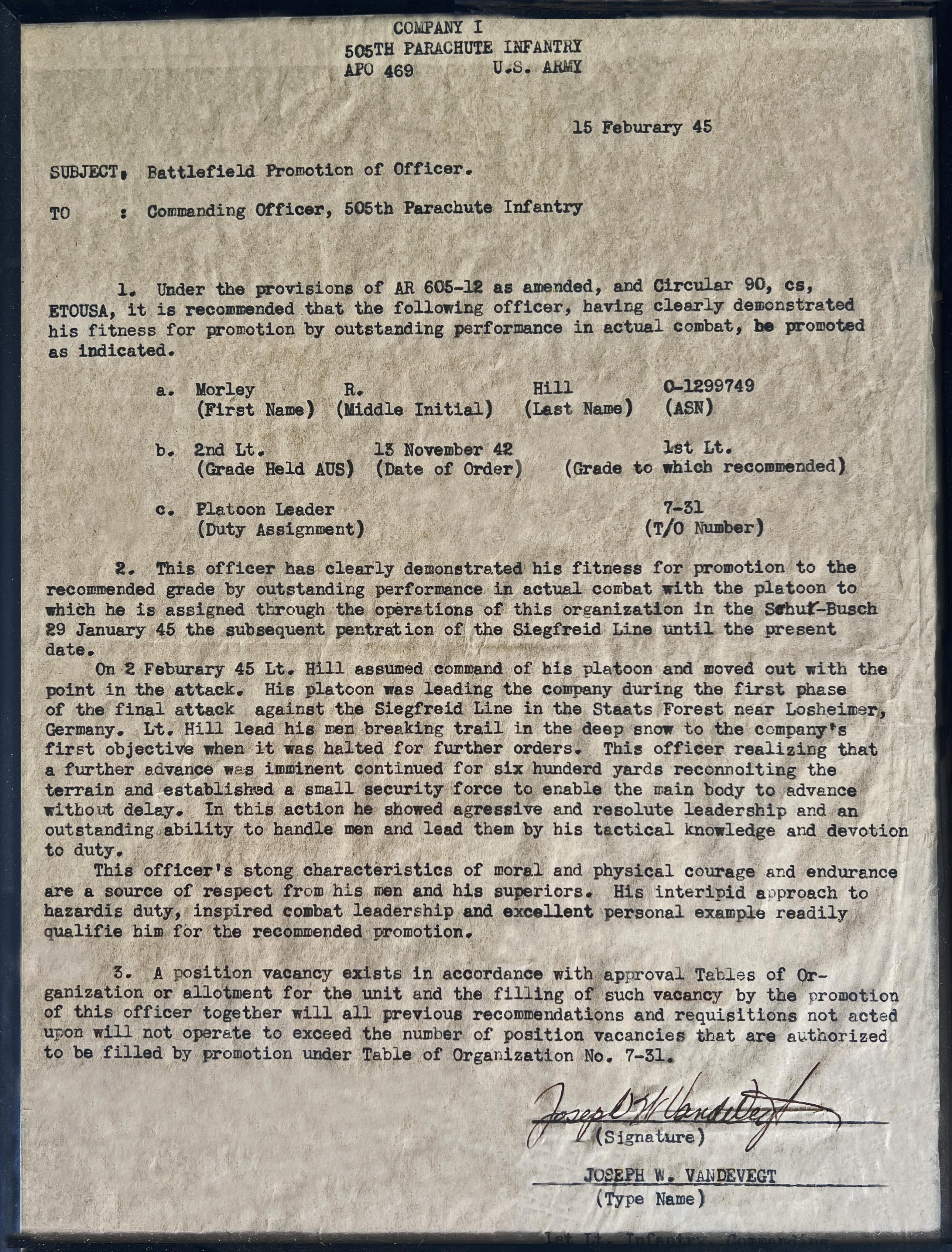 2nd Lt. Morley R. Hill, I company